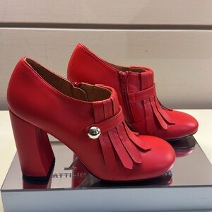 Chie Mihara Red Leather Fringe Block-Heel Booties round toe
